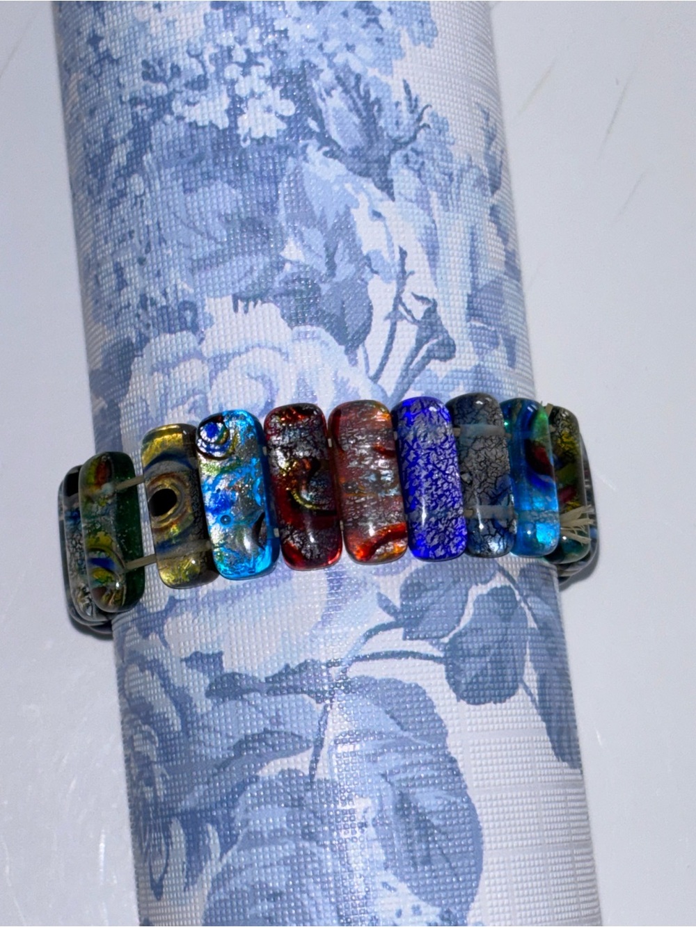 Multicolor Glass Bead Stretch Bracelet — Vibrant Blue, Red & Green Accents